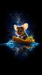 Tiny mouse sailing boat, night, stars, water, fantasy, artwork, phone wallpaper