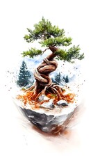 Twisted Bonsai, Mountain Landscape, Autumn, Digital Art, Nature, Poster