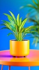 Vibrant plant, orange pot, colorful table, blue background, home decor