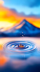 Water droplet impact, ripples, sunset, mountains, calm