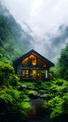 Fototapeta premium Mountain cabin, illuminated, misty valley, stream, serenity