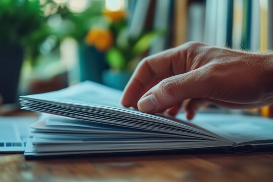 Hand flips through pages of a book on a wood desk near a laptop, indoor potted plants and colorful books providing soft background focus