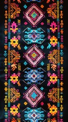 Vibrant geometric patterns on colorful traditional textile design