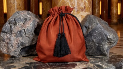 Elegant red velvet pouch with tassels placed between marble rocks in luxurious setting