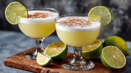 Refreshing lime cocktails with glasses and slices on wooden board
