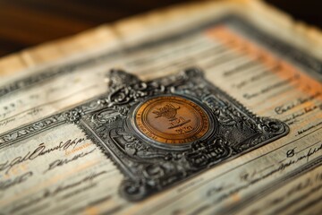 Detailed close-up of a vintage stock certificate document with intricate design and calligraphy on aged paper on a brown wood desk