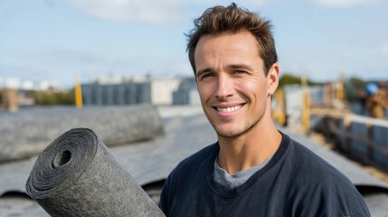 Young caucasian male roofer holding roofing roll on construction site