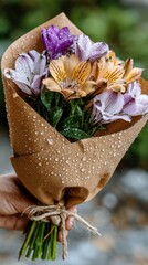 New Zealand Flowers Week. Colorful bouquet of alstroemeria flowers with dew-covered petals wrapped in kraft paper