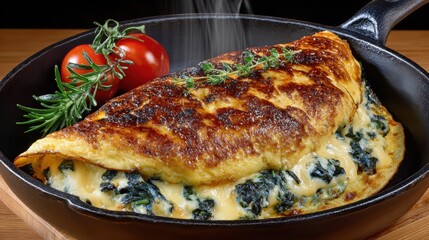 Delicious spinach and cheese omelette in a black skillet with fresh herbs and tomatoes