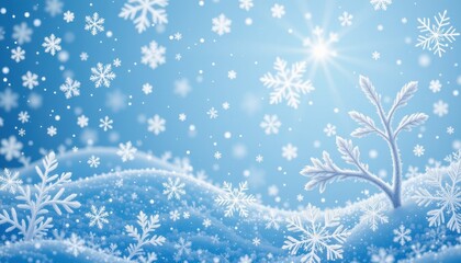 Winter scene Snowy landscape with frost covered branches and falling snowflakes against a bright blue sky