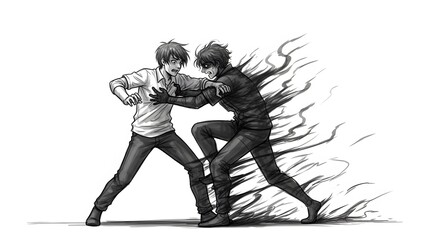 Fototapeta premium Clash of Ideals: A dramatic black and white illustration captures a tense moment of conflict as two figures engage in a powerful struggle.