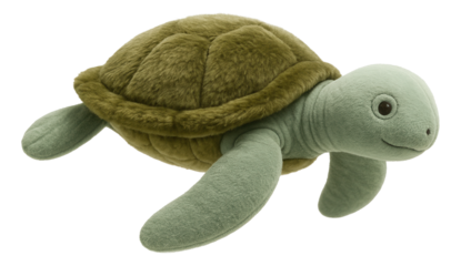 Plush green turtle toy with a soft textured shell and flippers, designed for children or as a decorative piece on transparent background.
