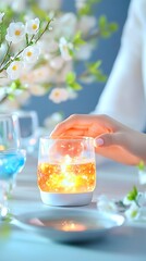 Woman lights candle, spring floral table setting