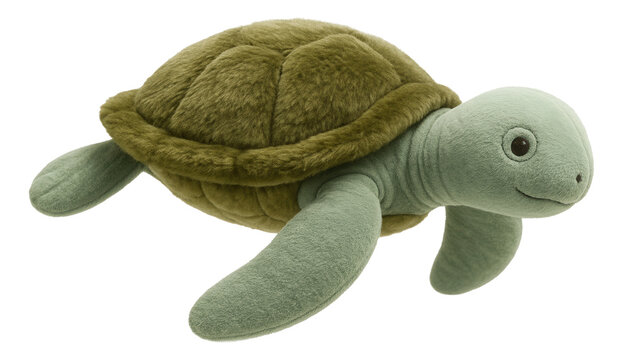 Plush green turtle toy with a soft textured shell and flippers, designed for children or as a decorative piece on transparent background.