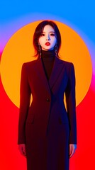 Woman, suit, studio, portrait, red, background, colorful, photoshoot