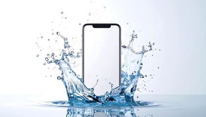 A sleek smartphone with a blank screen makes a dramatic splash in water, perfect for tech mockups or waterproof concepts.