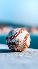 Worn baseball rests on seaside wall, ocean blurred