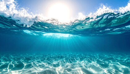 A stunning underwater split-shot of a breaking ocean wave, with bright sun rays illuminating the clear water and sandy sea floor.