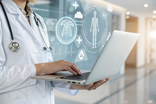 Doctor accessing electronic medical records via digital cloud healthcare platform for patient data management and security.
