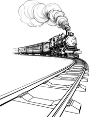 Detailed Black and White Sketch of a Steam Train with Smoke on a Curved Railway. Vector illustration on white