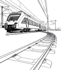Sketch-Style Image: Electric Locomotive and Railway Tracks, Black and White Vector illustration
