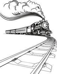 Detailed Black and White Sketch of a Steam Train with Smoke on a Curved Railway. Vector illustration on white