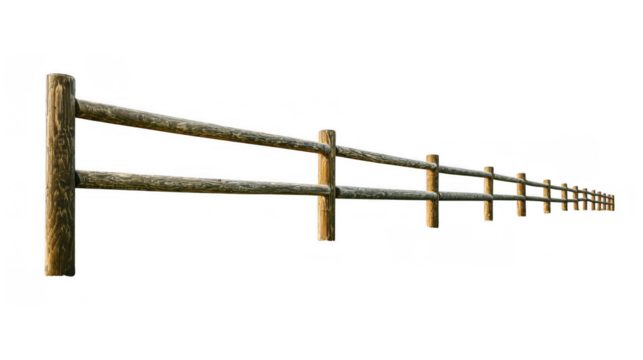 Rustic wooden fence stretches into the distance, providing a clear boundary with a transparent background, perfect for easy integration into various design projects
