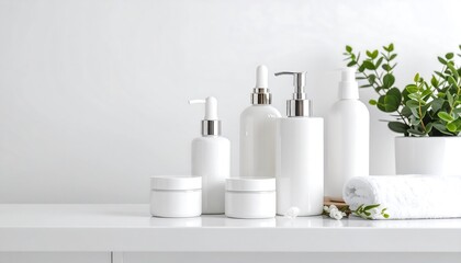 Fototapeta premium An elegant display of white cosmetic bottles and jars, a towel, and a plant for a spa and skincare concept.