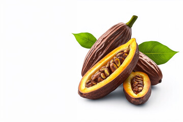 Cocoa fruit with raw cocoa beans isolated on white background 