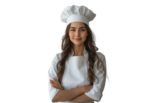 Woman culinary expert in chef coat isolated on white, perfect for cooking class promotions