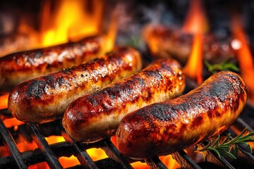 Sausages grilling on barbecue. Bratwursts over the hot coals and fire. Generative Ai