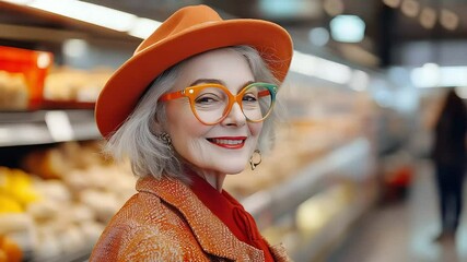 Stylish senior woman smiling and winking in supermarket - Powered by Adobe