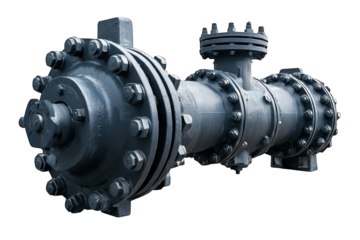 Complex industrial pump with many bolts and flanges