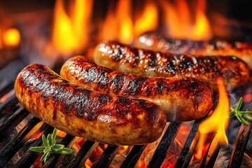 Sausages grilling on barbecue. Bratwursts over the hot coals and fire. Generative Ai