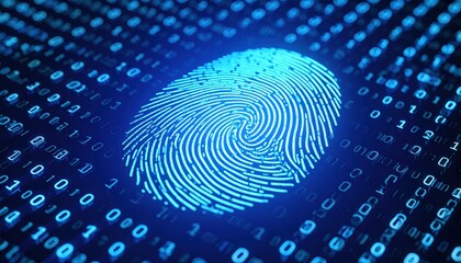Digital fingerprint overlaid on a matrix of binary code, symbolizing security and identity verification