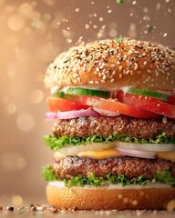 Hamburger with flying ingredients. Ai Generative