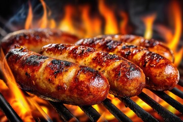 Sausages grilling on barbecue. Bratwursts over the hot coals and fire. Generative Ai