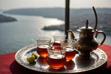 Golden tea in glasses, overlooking city view.