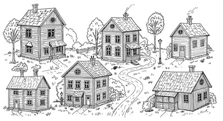 Hand drawn houses illustration set