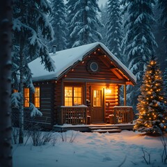 Snowy Cabin Retreat in the Winter Woods