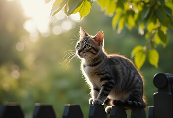 Kitten Perched on Fence with Sunlit Background