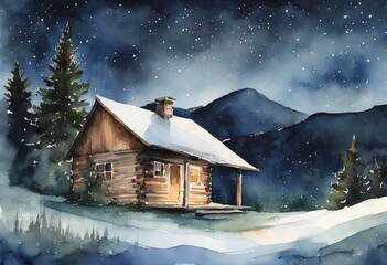 Snowy Cabin in the Mountains Under Night Sky