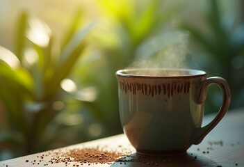 Steaming coffee cup on a wooden table with grounds.