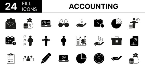 Collection of 24 Accounting fill icons featuring editable strokes. These outline icons depict various modes of Accounting, business, accounting, inspecting, report, tax, analysis, finance, account, bu