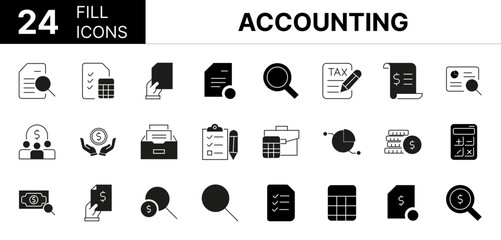 Collection of 24 Accounting fill icons featuring editable strokes. These outline icons depict various modes of Accounting, business, accounting, inspecting, report, tax, analysis, finance, account, bu