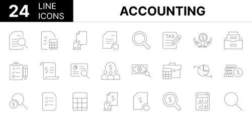 Collection of 24 Accounting line icons featuring editable strokes. These outline icons depict various modes of Accounting, business, accounting, inspecting, report, tax, analysis, finance, account, bu