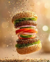 Hamburger with flying ingredients. Ai Generative