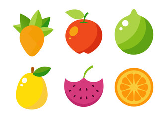 Flat design fruit icons set apple orange lime pear strawberry watermelon