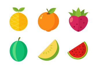 Flat design fruit icons pineapple orange strawberry melon watermelon