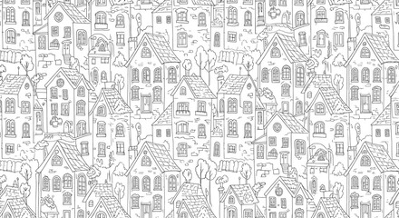 Black and white houses seamless pattern